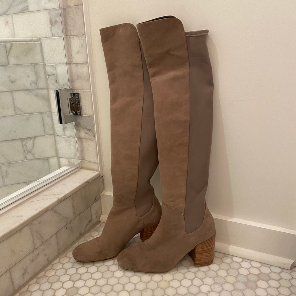 Stuart Weitzman Over the Knee Neutrals Boots Tan Suede 9